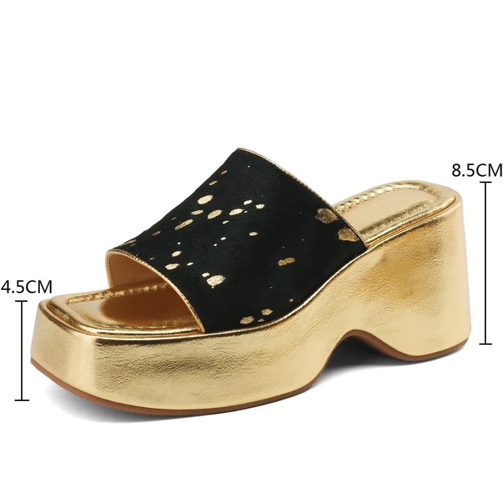 Women's Summer New Fashion 8.5 CM Chunky Heel Genuine Leather Square Toe Open-Toe Platform Horsehair Wedge Slippers 50618