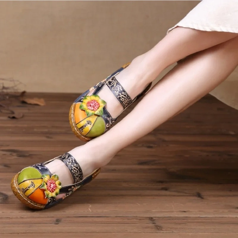Women's Summer New 5.5 CM Wedge Genuine Leather Closed Toe Printed Color Block Retro Ethnic Platform Slippers 50529