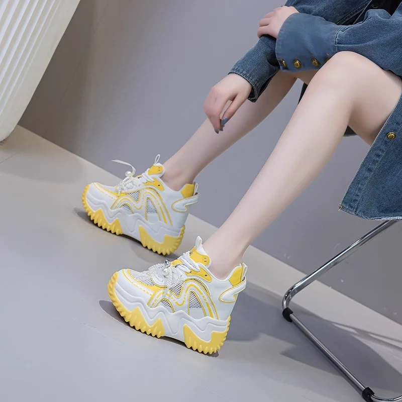 Women's Summer Fashion Genuine Leather & Mesh Breathable 12 CM Platform Wedge Sneakers Pearl Lace-Up Ribbon Shoes 50523