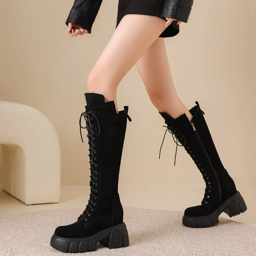 Suede Leather Knee High Boots 10CM Block Heel Lace Up British Style Brown Retro Slimming Petite Women's Autumn Winter Boots51021