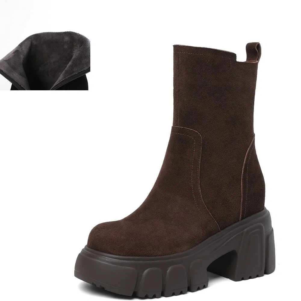 Solid Color Side Zipper 10CM Block Heel Matte Leather Platform Korean Slip On Retro Handmade Women's Autumn Winter Boots 51017