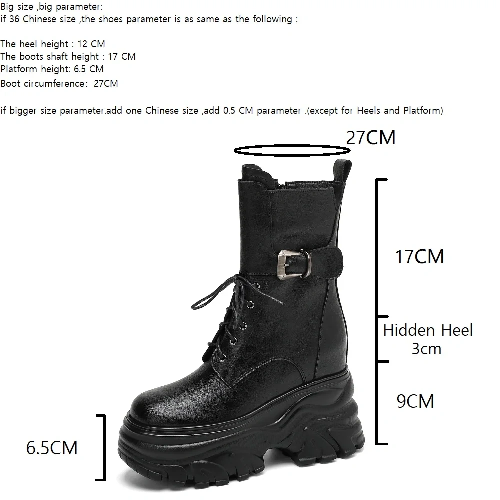 New Autumn Winter Women's Genuine Leather 12cm Thick Sole Inner Height Belt Buckle Lace-up Platform Slimming Ankle Boots 50930