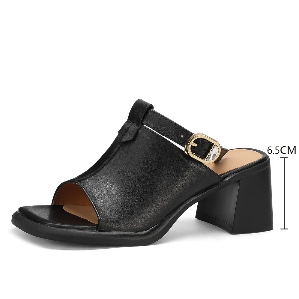 Women Summer New Slim Fit 5.5 CM Chunky Heel Solid Color Genuine Leather Peep-Toe Ankle Strap Open Back Gladiator Sandals 50616
