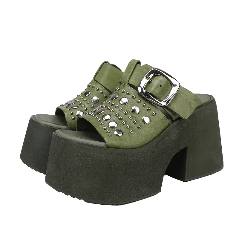 Women's Summer New 11 CM Chunky Heel Genuine Leather Open-Toe Gladiator Rivets Metal Buckle Platform Wedge Slippers 50606