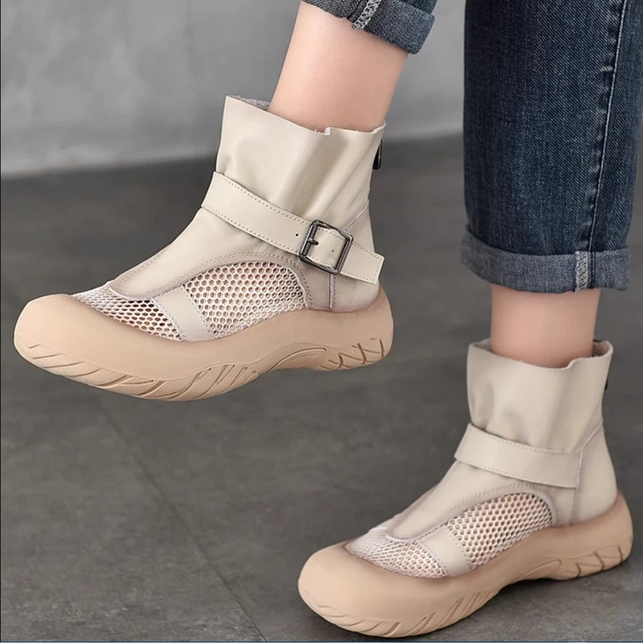 Women's Spring Autumn Slim 4CM Thick Sole Genuine Leather Mesh Hollow Out Buckle Gladiator Platform Slip On Ankle Boots 50531