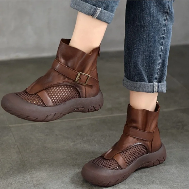 Women's Spring Autumn Slim 4CM Thick Sole Genuine Leather Mesh Hollow Out Buckle Gladiator Platform Slip On Ankle Boots 50531