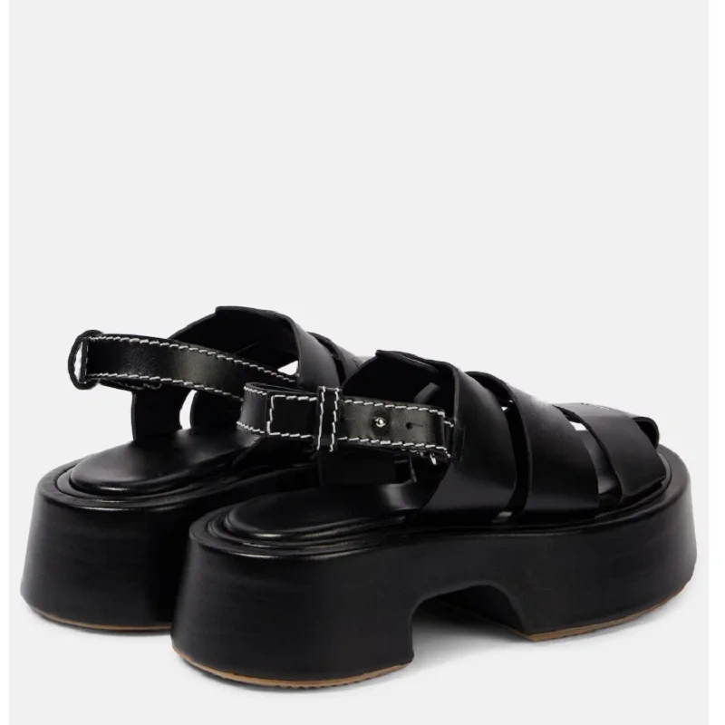 Women's Summer New Fashion Slim Chunky Heel Genuine Leather Cut Out Platform Gladiator Solid Color Sandals 50609