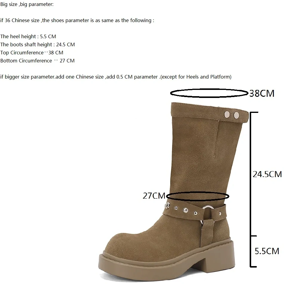 Women's Summer Autumn Winter Genuine Leather Retro Metal Buckle 5.5CM Chunky Heel Slip-On Round Toe Slim Stacked Boots 50727
