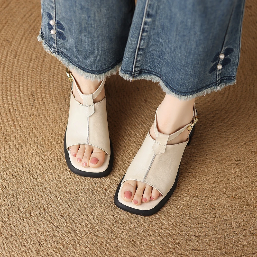 Women Summer New Slim Fit 5.5 CM Chunky Heel Solid Color Genuine Leather Peep-Toe Ankle Strap Open Back Gladiator Sandals 50616