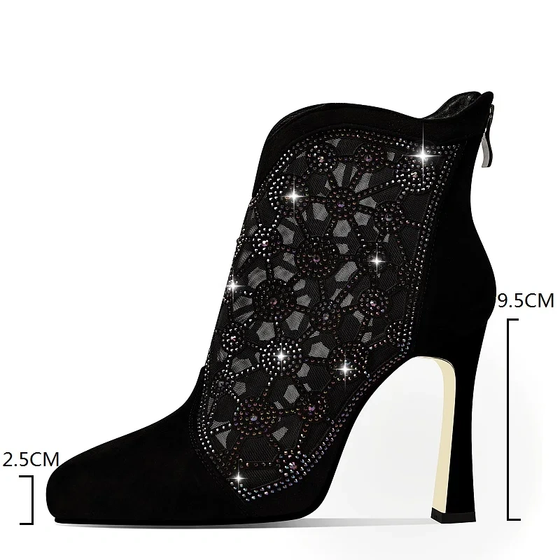 Women's Spring Summer Fashion Pointed Toe 9.5 CM Stiletto Genuine Leather Mesh Crystals Platform Zipper Ankle Boots 50609
