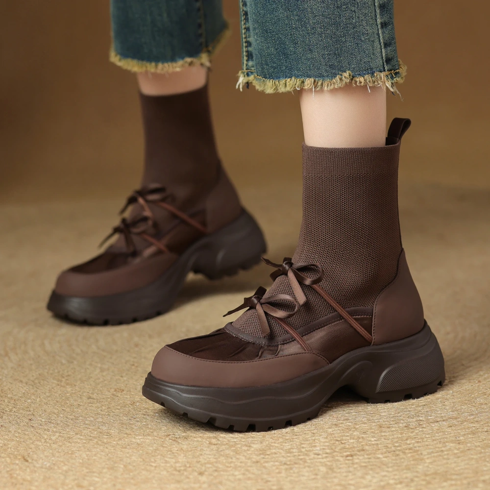 Genuine Leather Fleece Lined Bow Decor 5CM Thick Sole Slim Fit Retro Fashion Autumn Winter New Women's Casual Ankle Boots 51029