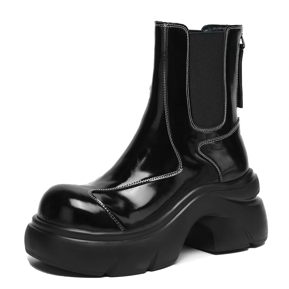 7CM Square Heel Genuine Leather Round Toe Platform Back Zipper Retro Concise 2025 Autumn Winter New Women's Ankle Boots 51030