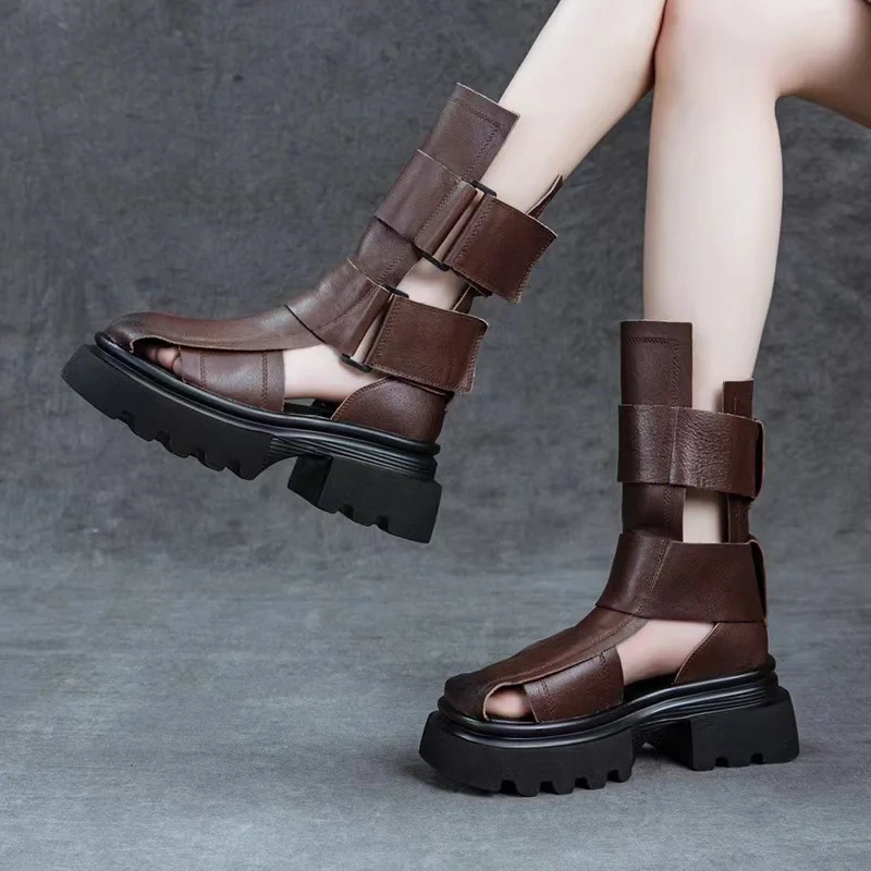 Women's New Slim Fit 6.5CM Chunky Heel Genuine Leather Cut out Hook&Loop Retro Gladiator Mid-Calf Summer Boots 50605
