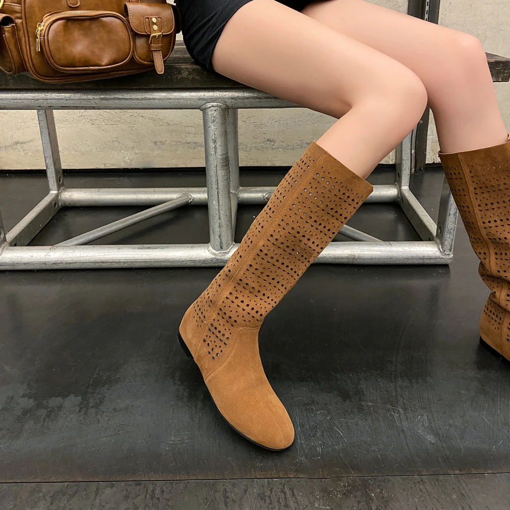 Women's Spring Summer 5.5CM High Heel Genuine Leather Solid Color Cut Out Round Toe Bohemia Retro Breathable Half Boots 50718