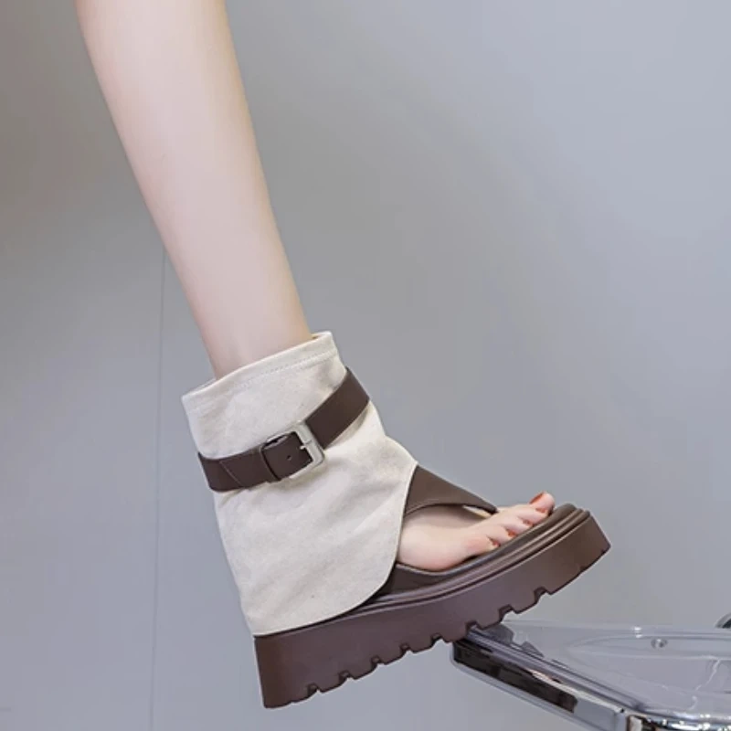 Women's Summer New Slim 12 CM Inner Heightening Genuine Leather Toe Pinching Platform Belt Buckle Gladiator Ankle Boots 50708