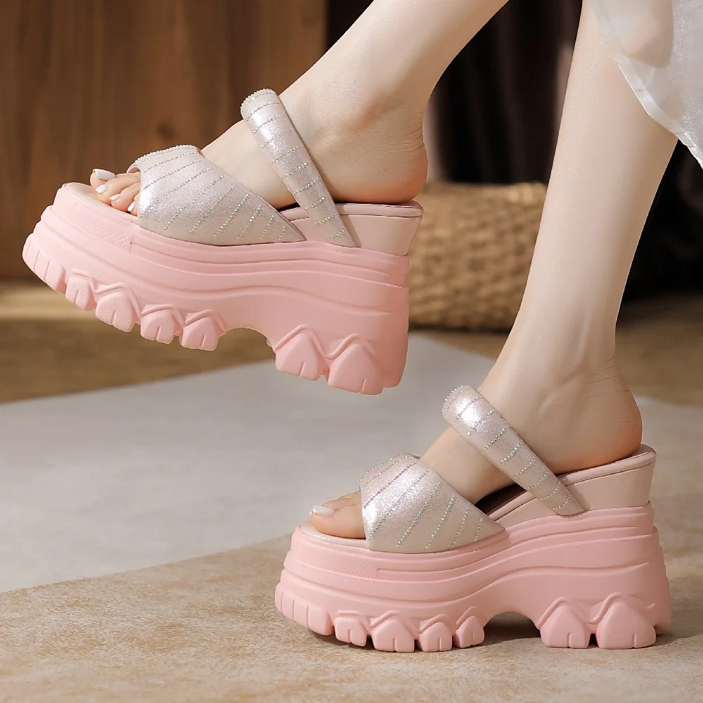Summer New Outside Fashion 12CM Super High Heels Wedges Platform Peep Toe Crystal Sequined Cloth Women Modern Rome Slippers 2405