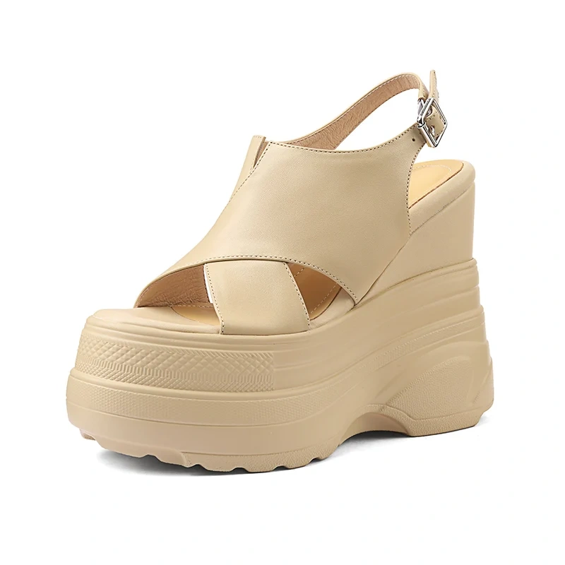 Women's Summer New Slim Fit 14 CM Wedge Heel Genuine Leather Cross Strap Platform Peep Toe Backless Solid Color Sandals 50709