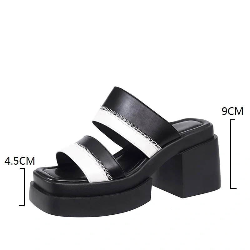 Women's Summer New Slimming 9 CM Chunky Heel Genuine Leather Color Block Platform Peep Toe Square Toe Gladiator Slippers 50610