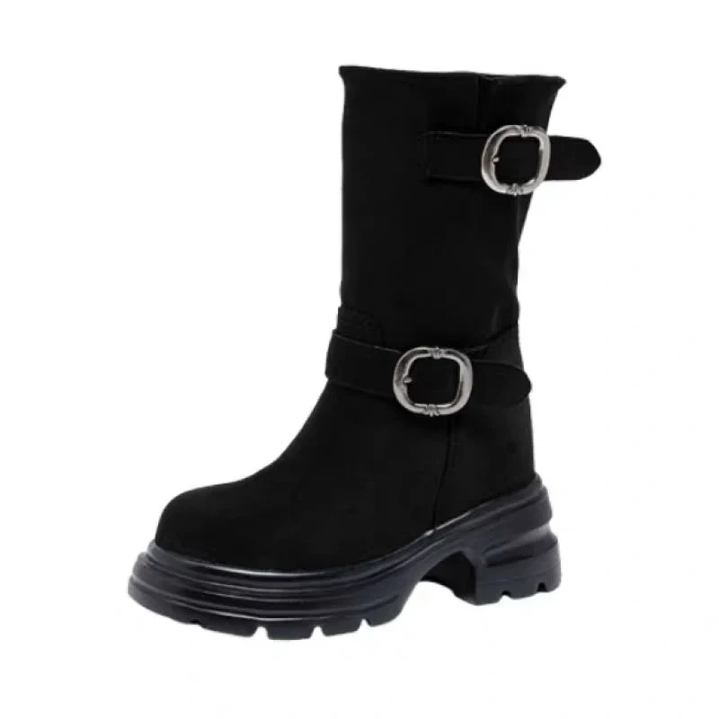 Women's Autumn Suede Genuine Leather Metal Buckle Slip On Solid Color Retro Round Toe 12CM Heel Casual Mid Calf Boots 50807