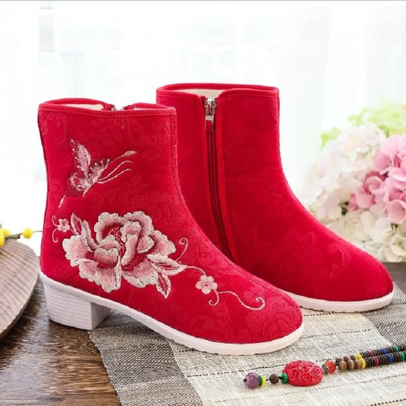 Spring Autumn New China Style Retro Thick Heels Embroider Zipper Sewing Canvas Women Ankle Short Equestrian Boots 20210701