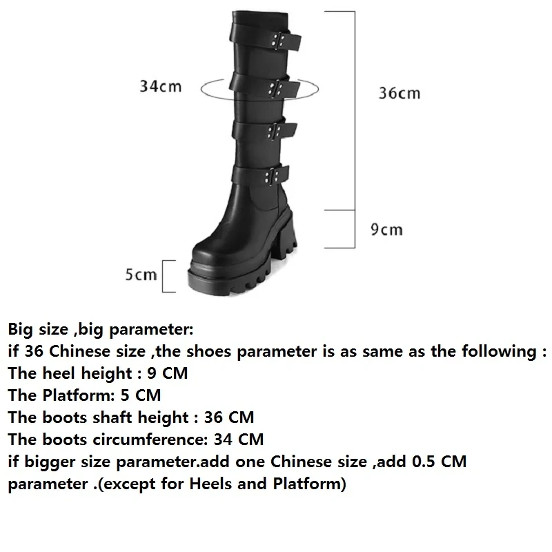 Spring Autumn New Punk 9CM High Heels Square Toe Platform Belt Buckle Cow Leather Women Knee-High Equestrian Boots Winter Plush