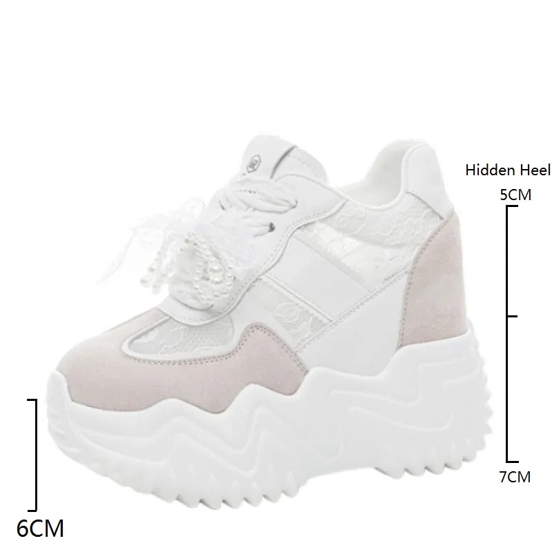 Women's Summer 12 CM Platform Wedge Genuine Leather & Mesh Sneakers Pearl Lace-Up Ribbon Ankle Strap Shoes 50523