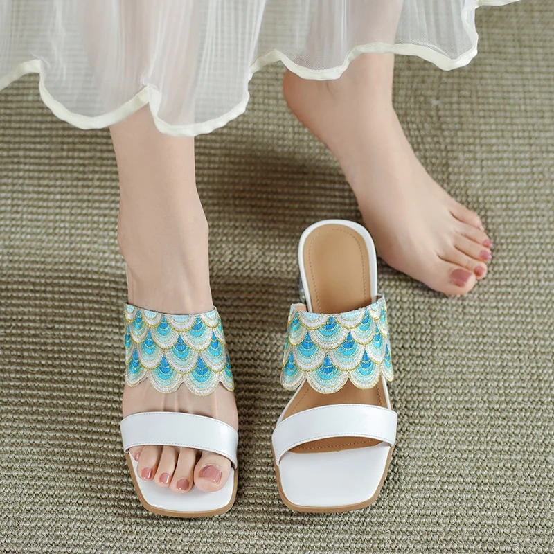 Women's Summer New Slim 5 CM Chunky Heel Genuine Leather Ethnic Embroidered Open-Toe Crystals Gladiator Plus Size Slippers 50623