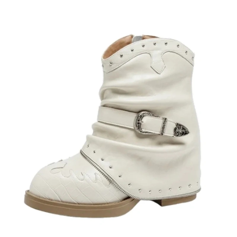 Punk 11CM Inner Height Increasing Real Leather Rivets Belt Buckle Pointed Toe Street Style Autumn Winter Women's Boots 51014
