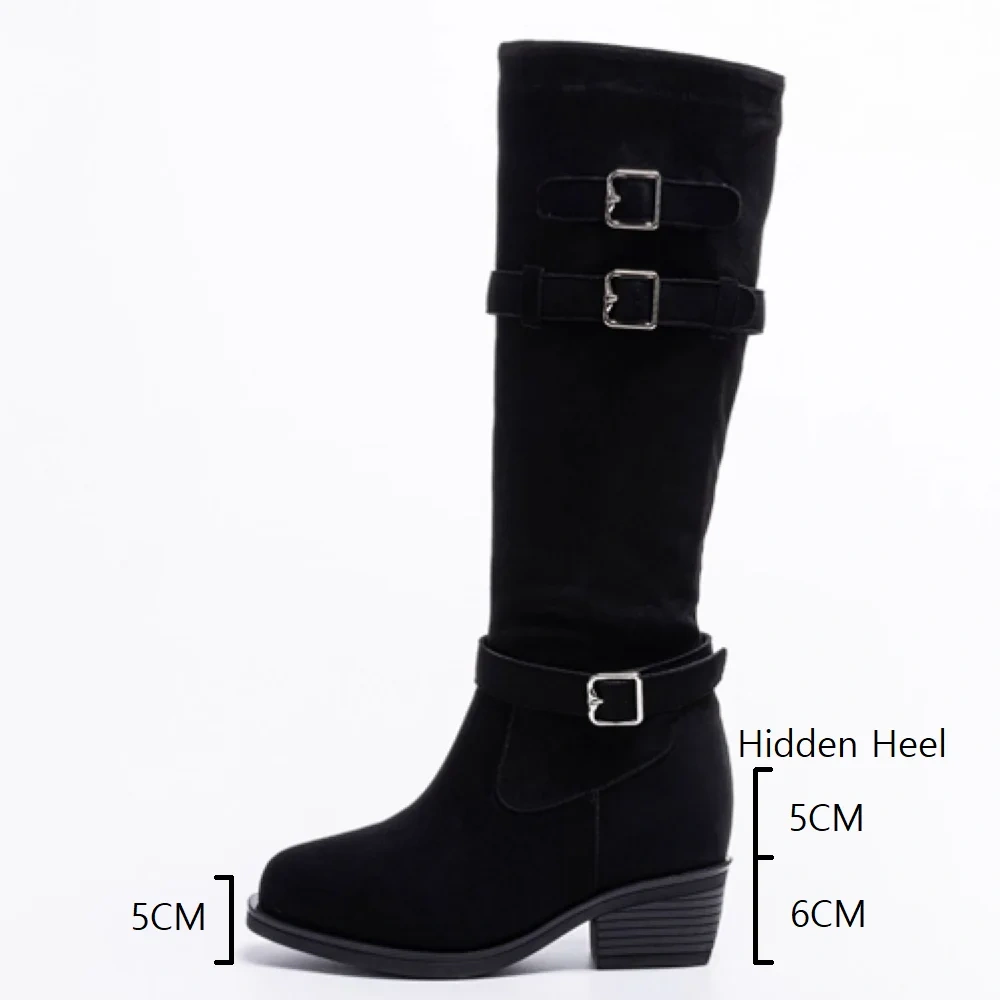 Genuine Cow Suede Leather Buckle Boots Autumn Winter New 11 CM Block Heel Retro Maillard Style Versatile Women's Long Boots51025