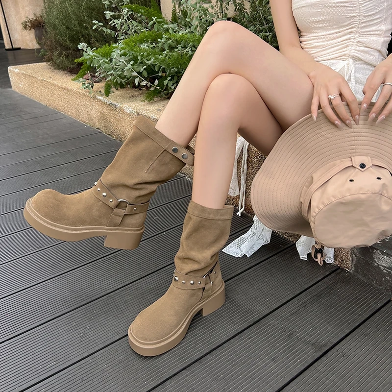Women's Summer Autumn Winter Genuine Leather Retro Metal Buckle 5.5CM Chunky Heel Slip-On Round Toe Slim Stacked Boots 50727