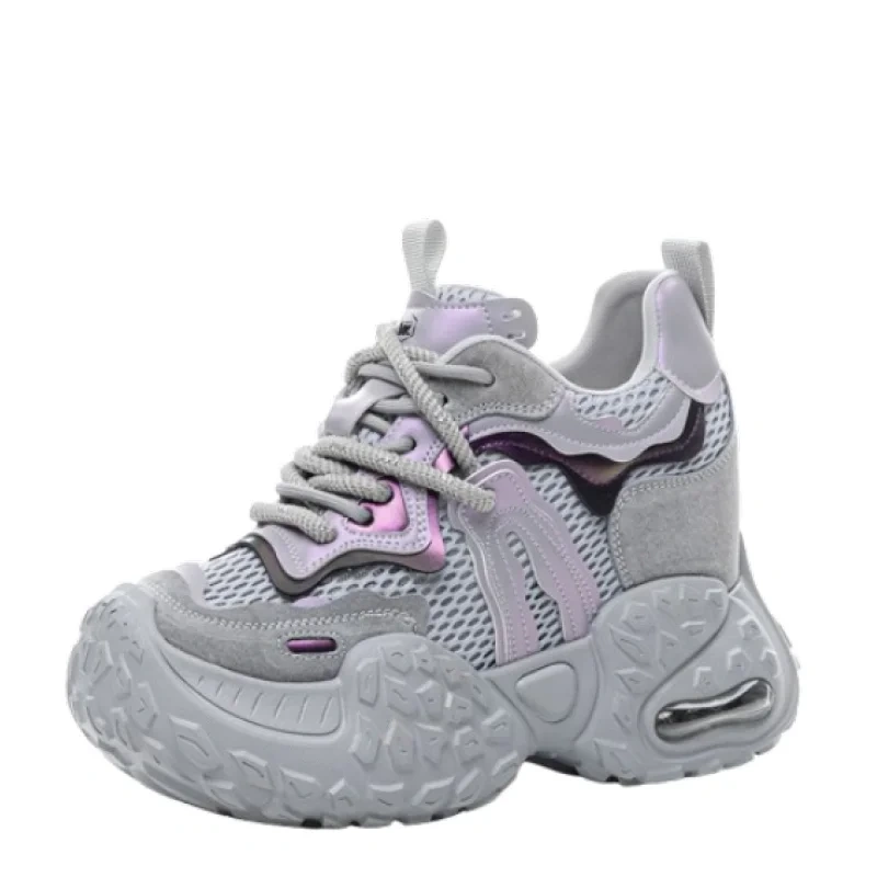 Women's Summer 12 CM Platform Genuine Leather & Mesh Breathable Upper Purple Sneakers Color Block Lace-Up Green Shoes 50524