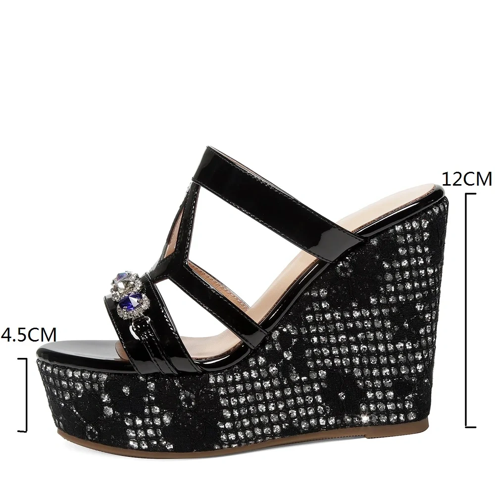 Women's Summer New Slim 12 CM Wedge Heel Genuine Leather Peep Toe Crystals Bling Platform Gladiator Slippers 50610