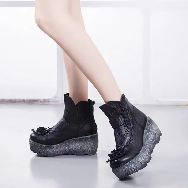 Spring Autumn New National Style Retro Wedges Platform Fringe Flowers Genuine Leather Women Ankle Short Equestrian Boots 2401