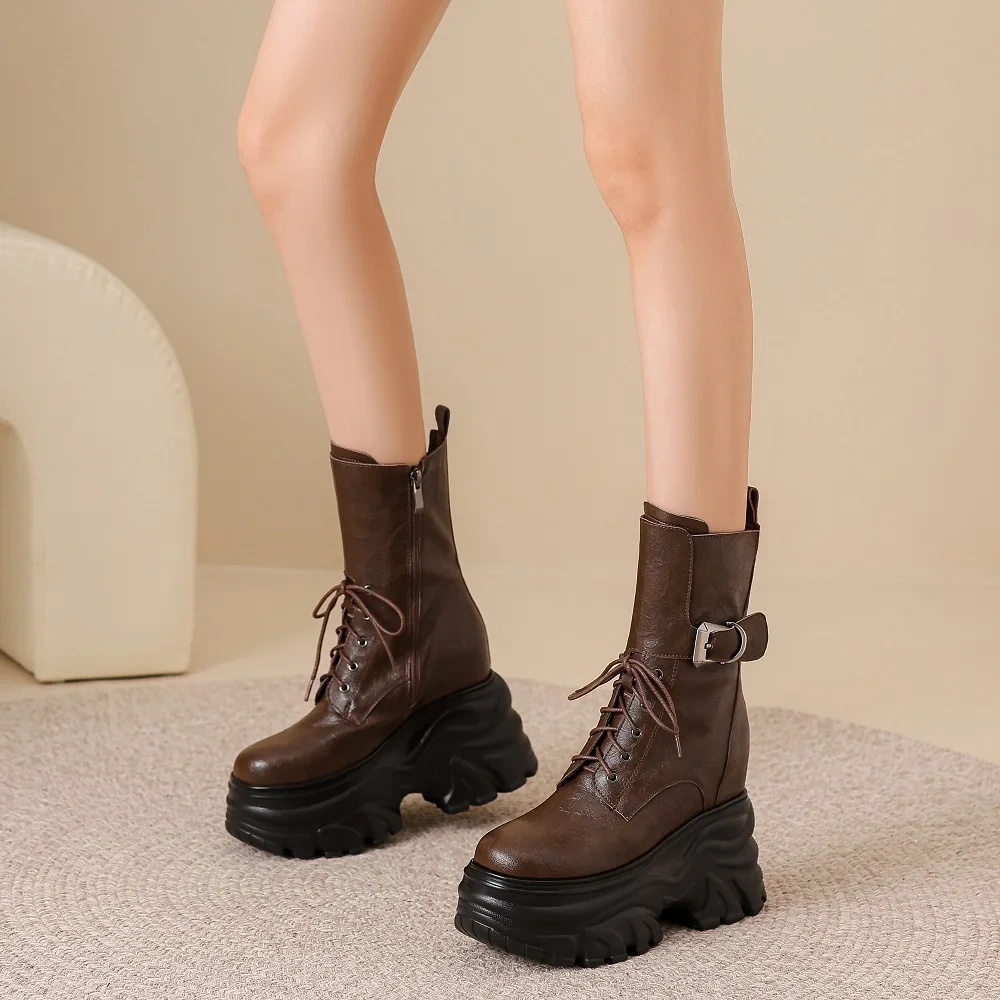 New Autumn Winter Women's Genuine Leather 12cm Thick Sole Inner Height Belt Buckle Lace-up Platform Slimming Ankle Boots 50930