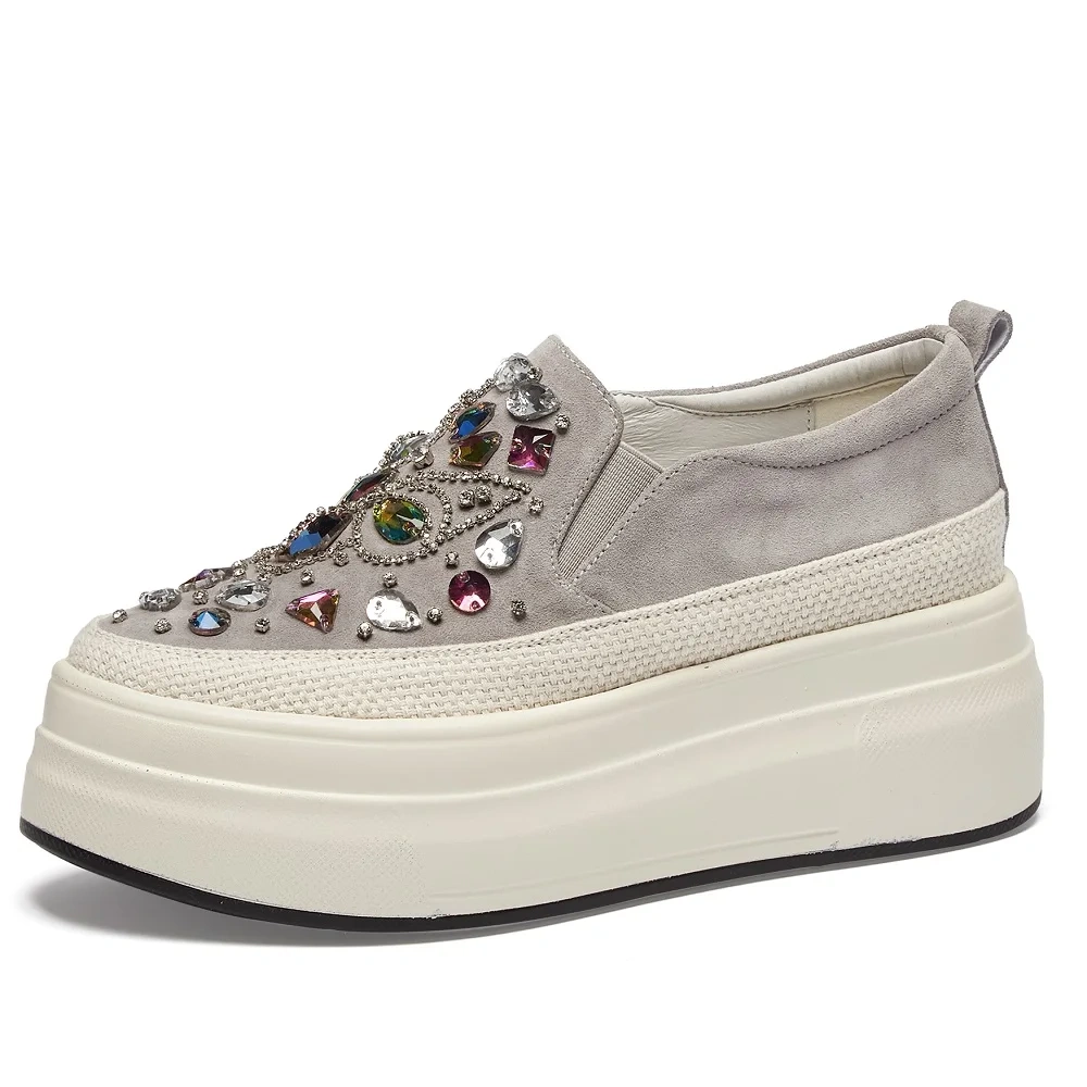 Spring Autumn New Leisure Chunky Bottom Platform Crystal Rhinestone Genuine Leather Women Casual Sneakers Ladies Casual Shoes