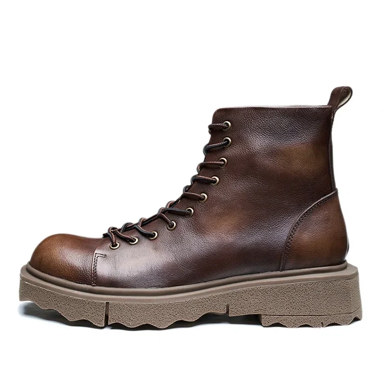 Spring Autumn New British Style Retro Chunky Bottom Sewing Platform Cross-tied Genuine Leather Men Ankle Short Work Safety Boots