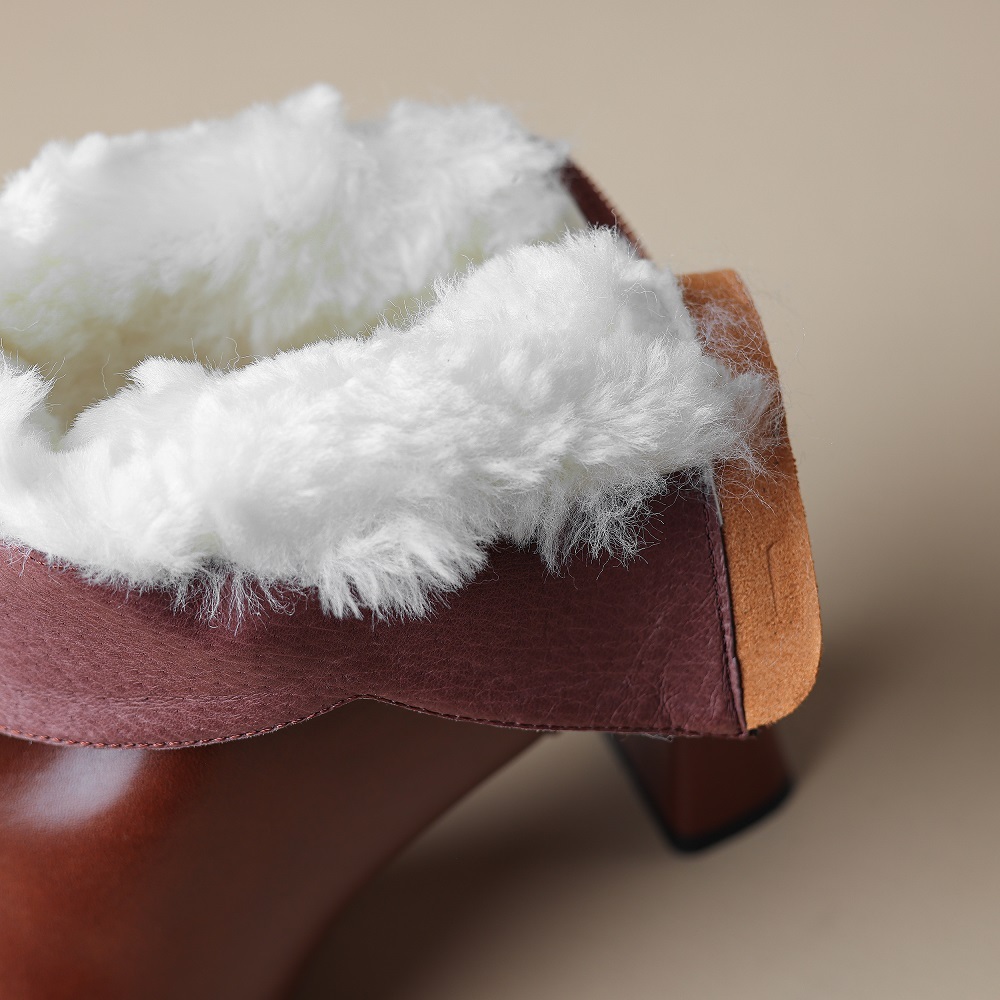 Autumn New Solid Elegant Fashion 7 CM Block Heel Metal Toe Winter Short Plush Sewing Leather French Retro Plus Size 40 Women's Ankle Boots 60121