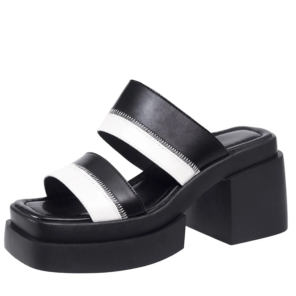 Women's Summer New Slimming 9 CM Chunky Heel Genuine Leather Color Block Platform Peep Toe Square Toe Gladiator Slippers 50610