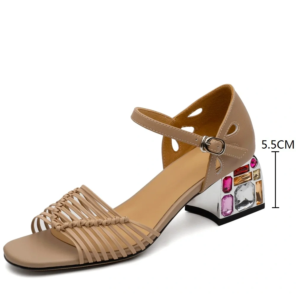 Women's Summer Genuine Leather Slim 5.5 CM Block Heel Cut Out Woven Square Toe Crystals Strap Buckle Sandals 50612