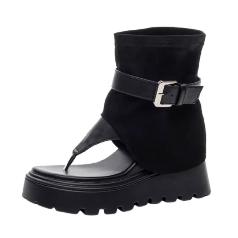 Women's Summer New Slim 12 CM Inner Heightening Genuine Leather Toe Pinching Platform Belt Buckle Gladiator Ankle Boots 50708
