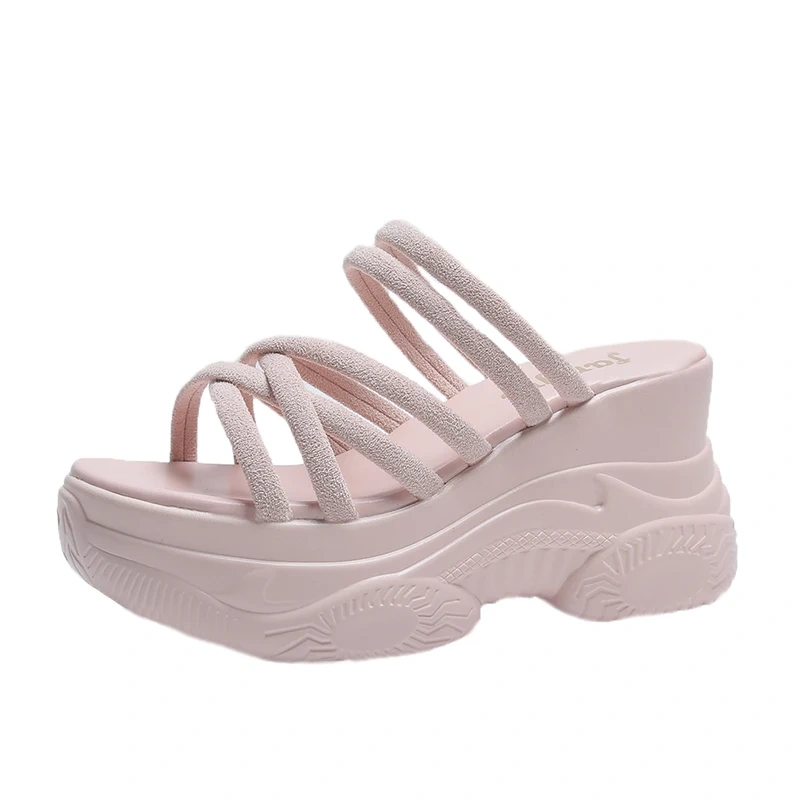Women's Summer New Fashion Slim Fit 8CM Platform Cross Strap Peep Toe Shoes Cut Out Wedge Round Toe Solid Color Slippers 50712