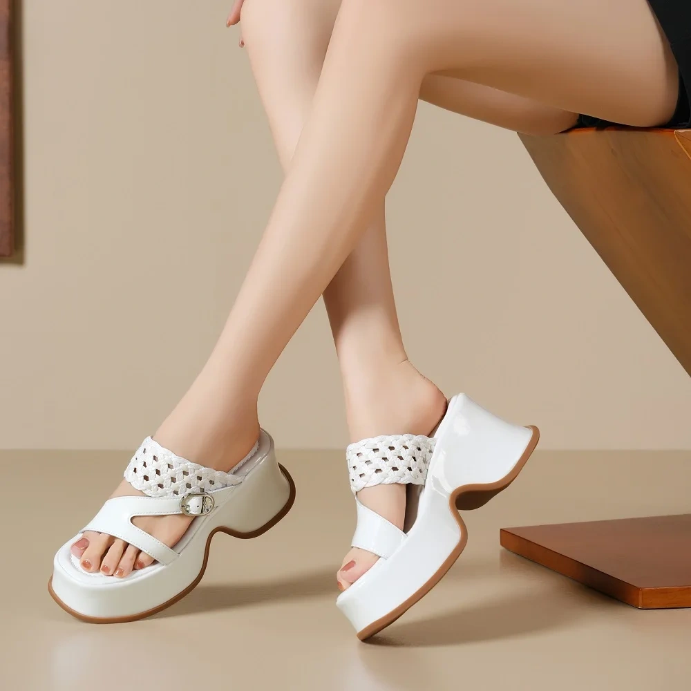 Women's 9CM High Wedge Sandals Genuine Leather Summer Open The Toe Braided Buckle Hollow-Out Fashion Slides 50516