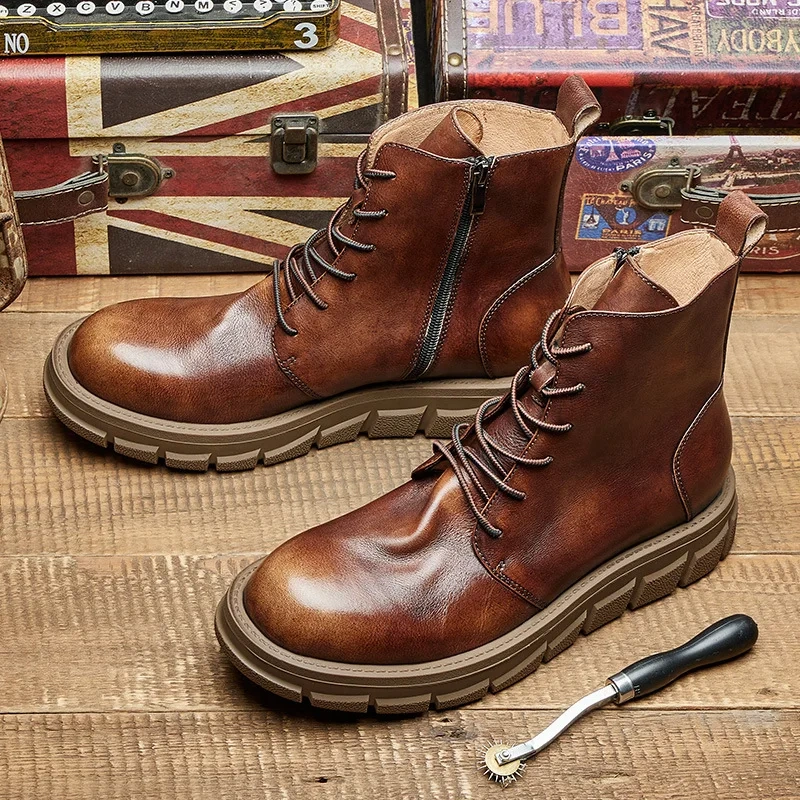 Spring Autumn New British Style Retro Chunky Bottom Cross-tied Sewing Full Grain Leather Men High Top Motorcycle Boots 2411