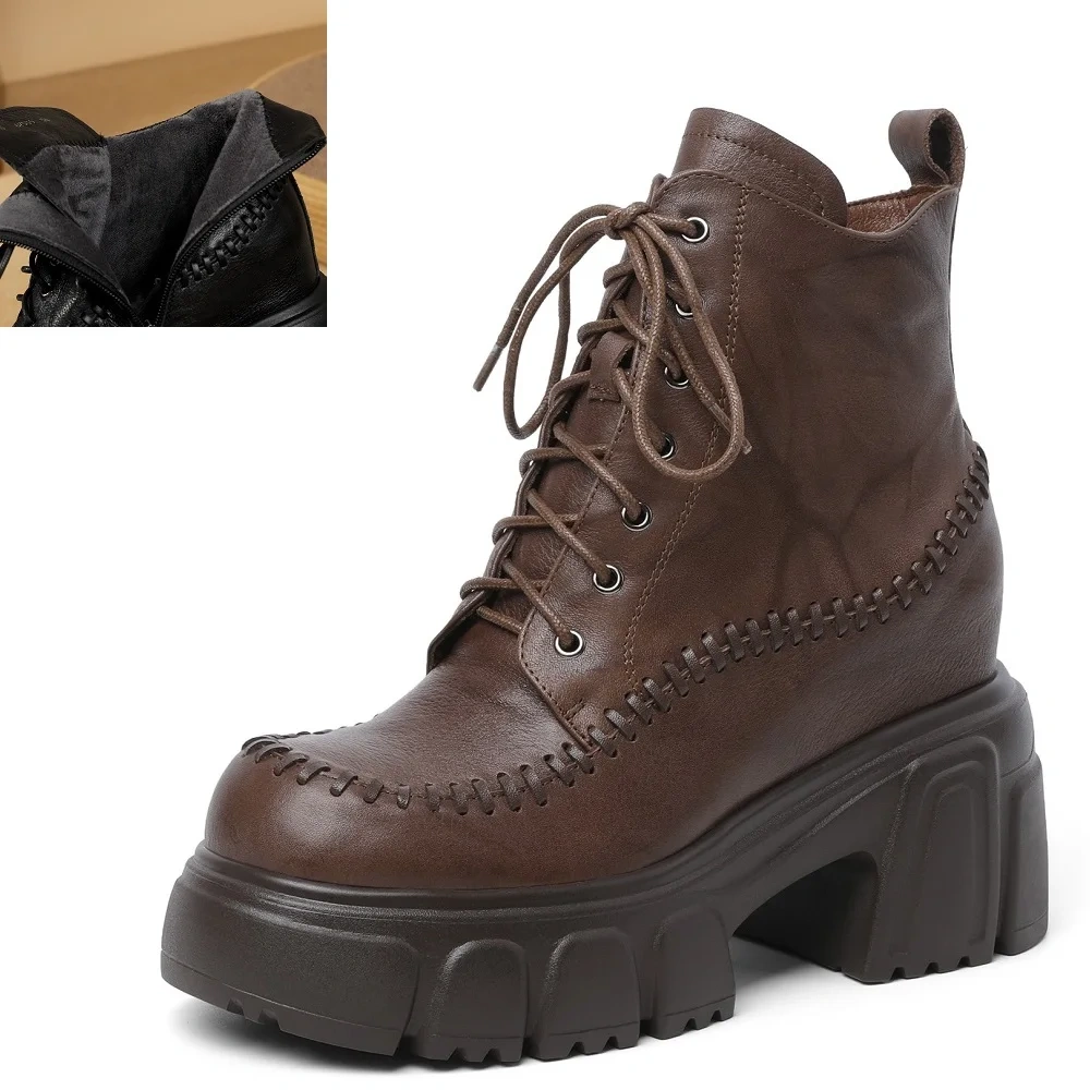 Sewing Genuine Leather 10 CM Block Heel Autumn Winter New British Style Retro Side Zipper Chunky Sole Platform Boots 51017