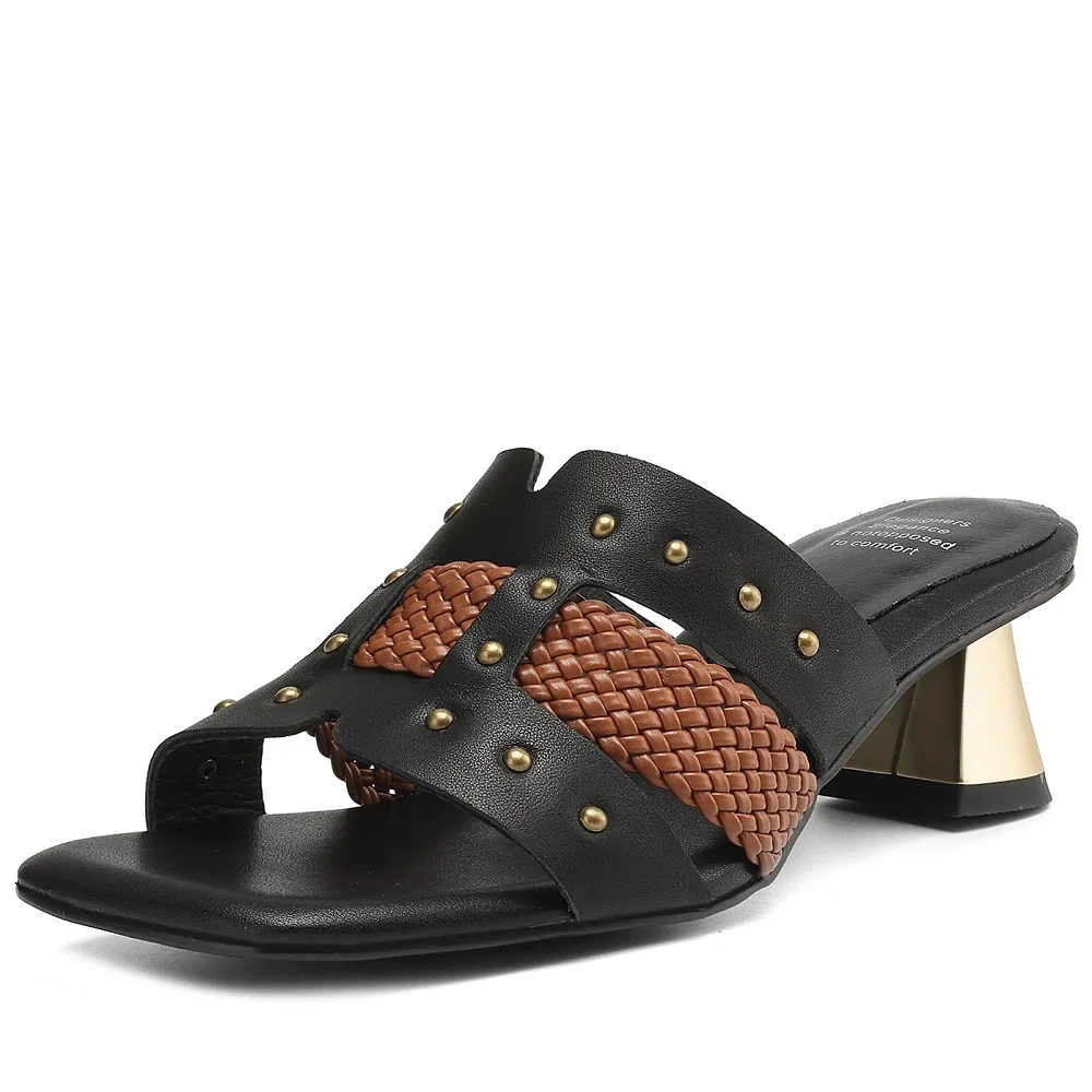 Women's Summer Fashion 4.5 CM Heel Slim Fit Genuine Leather Color Block Open Toe Black Woven Rivet Cut Out Casual Slippers 50613