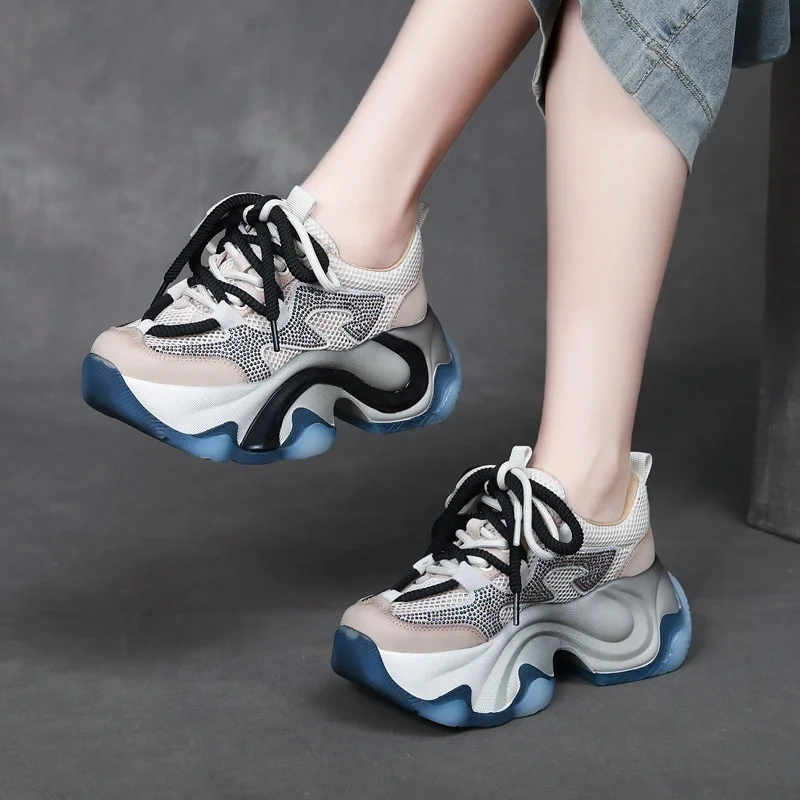 Women's Spring Summer Slim 6.5 CM Thick Sole Genuine Leather & Mesh Crystals Hollow Out Platform Lace-Up Casual Shoes 50602