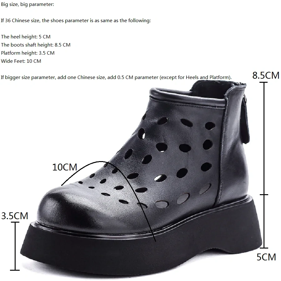 Women's Spring Summer Slim 5 CM Thick Sole Genuine Leather Round Toe Cut Out Zipper Platform Retro Solid Color Ankle Boots 50630