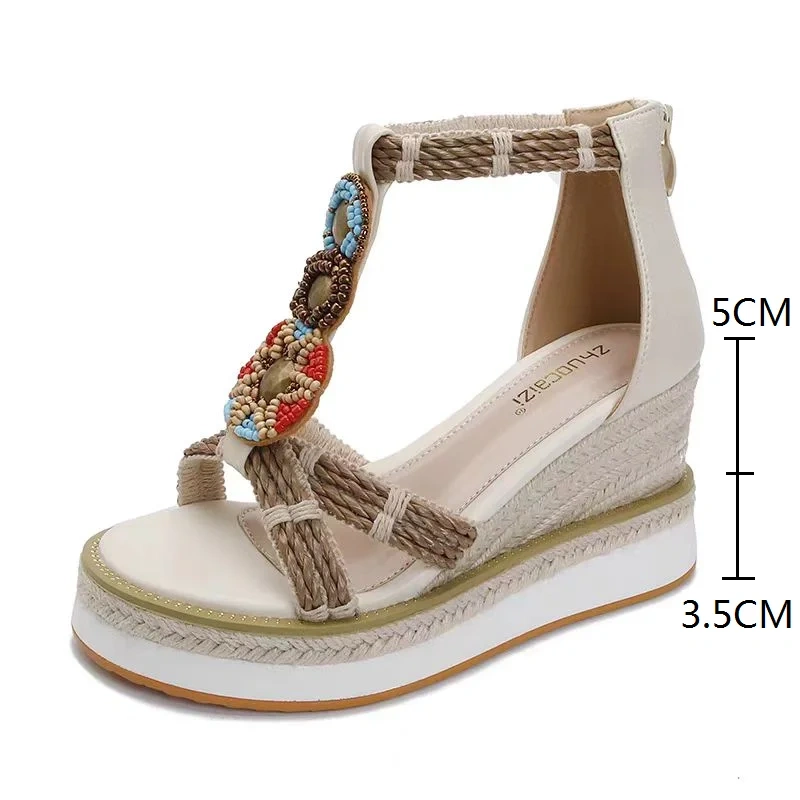 Women's Summer New Slim 8.5 CM Wedge Heel Platform Open Toe Straps Woven Beaded Zipper Bohemian Gladiator Fashion Sandals 50620