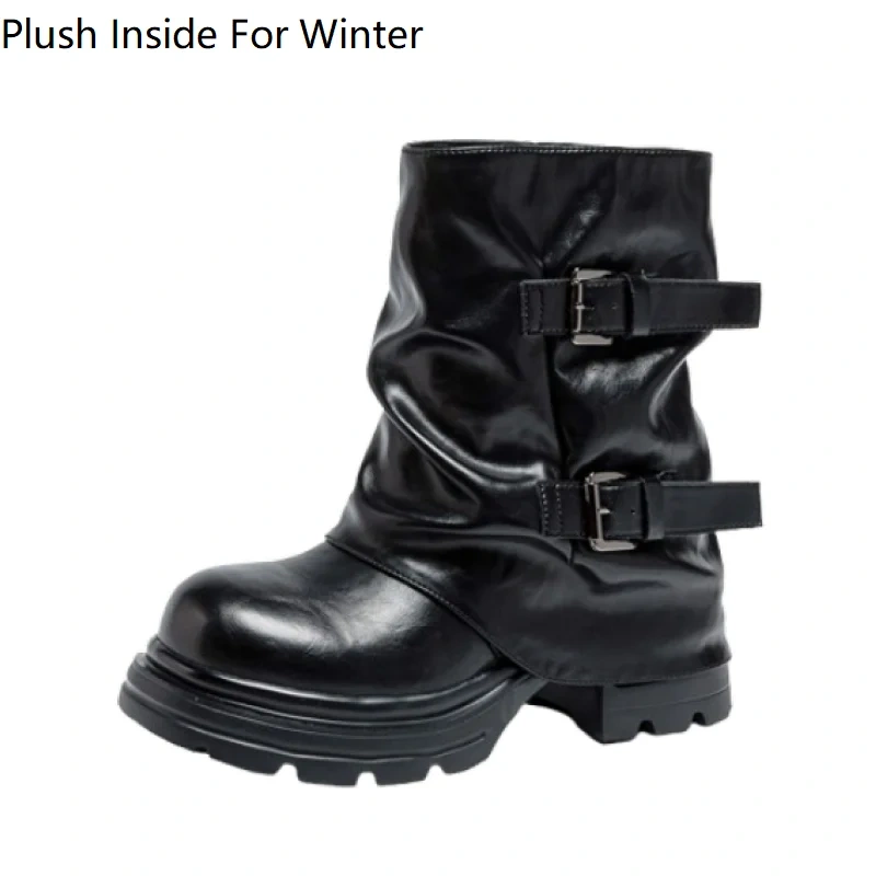 Genuine Leather Women's Autumn Winter New Retro 12CM Hidden Heel Belt Buckle Platform Classic Concise Casual Ankle Boots 51011