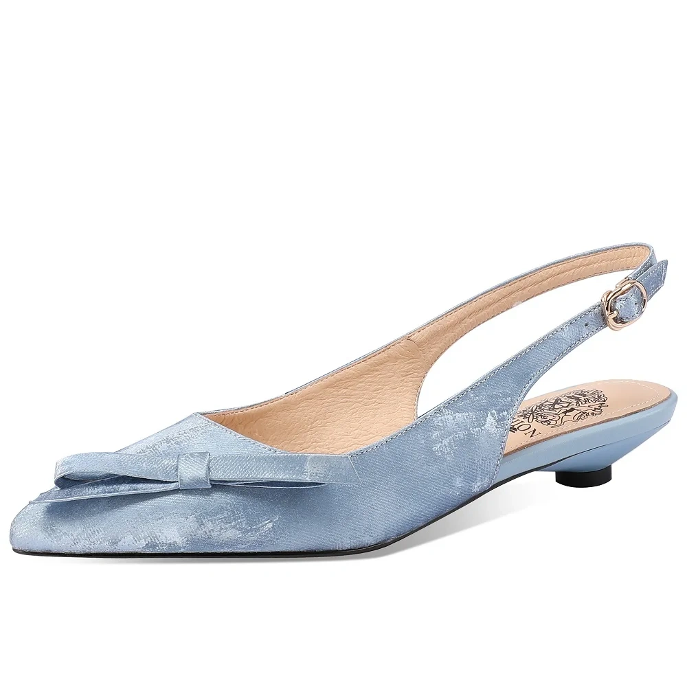 Women's Summer Slim 2 CM Low Heel Pointed Toe Shallow Mouth Slip-On Genuine Leather Ankle Strap Slingbacks Bowknot Shoes 50617